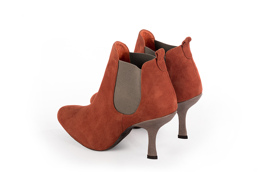 Women's terracotta orange and taupe brown elegant Chelsea ankle boots, with side elastics. Round toe. High spool heels - Rear view